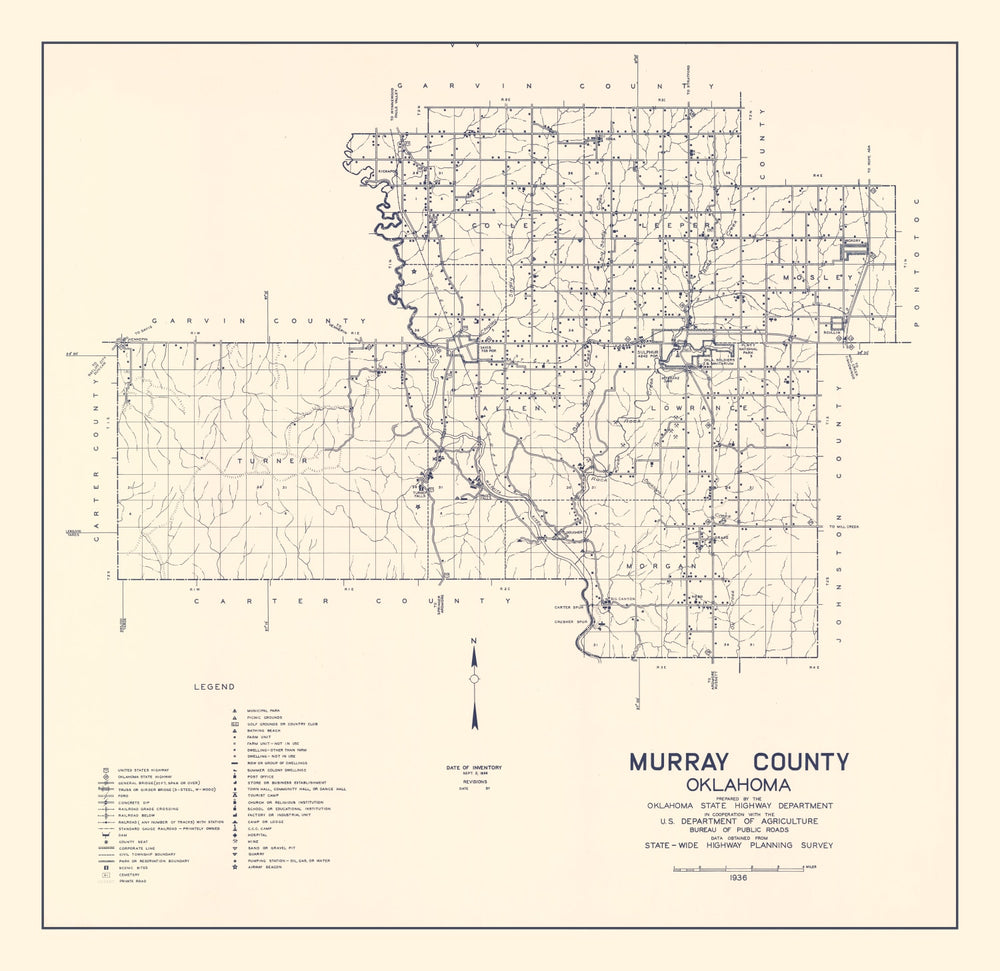 Vintage Map of Murray County, Oklahoma 1936 print style example