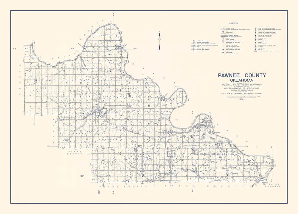 Vintage Map of Pawnee County, Oklahoma 1936 print style example