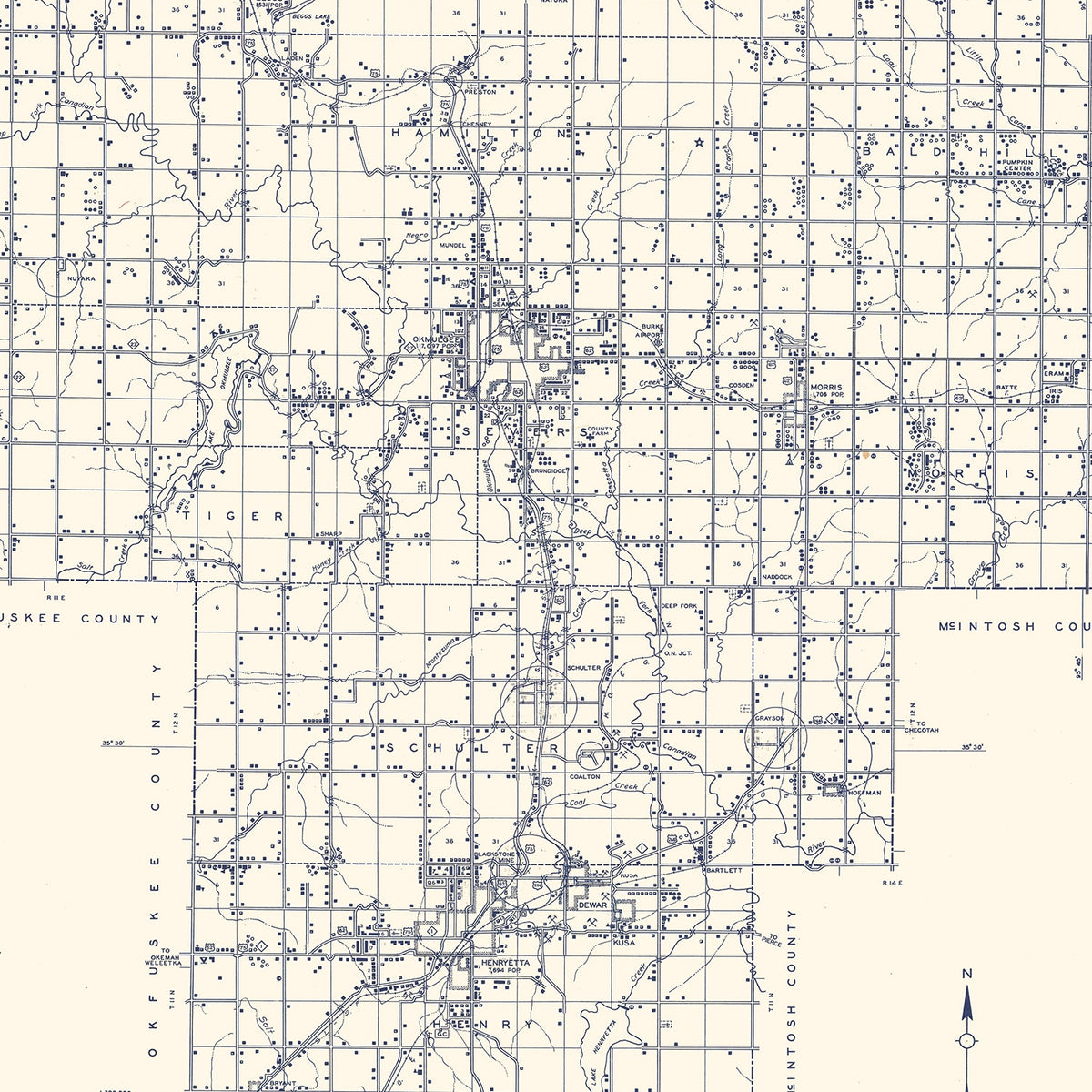 Restored historic details from the 1936 county map of Okmulgee County, Oklahoma