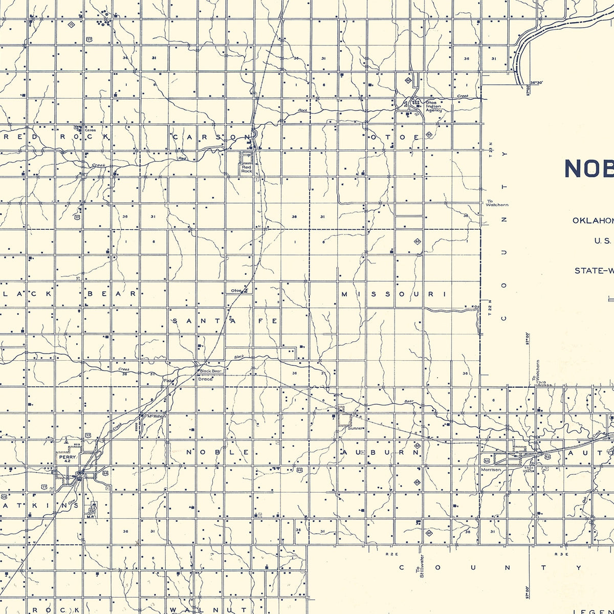 Restored historic details from the 1936 county map of Noble County, Oklahoma