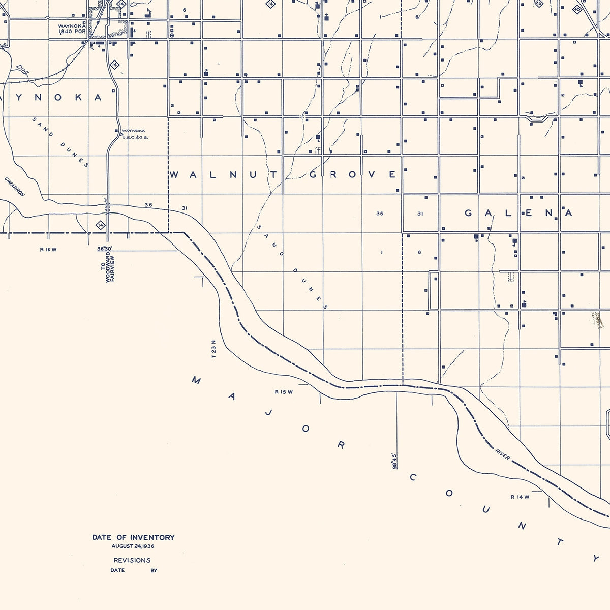 Restored historic details from the 1936 county map of Woods County, Oklahoma
