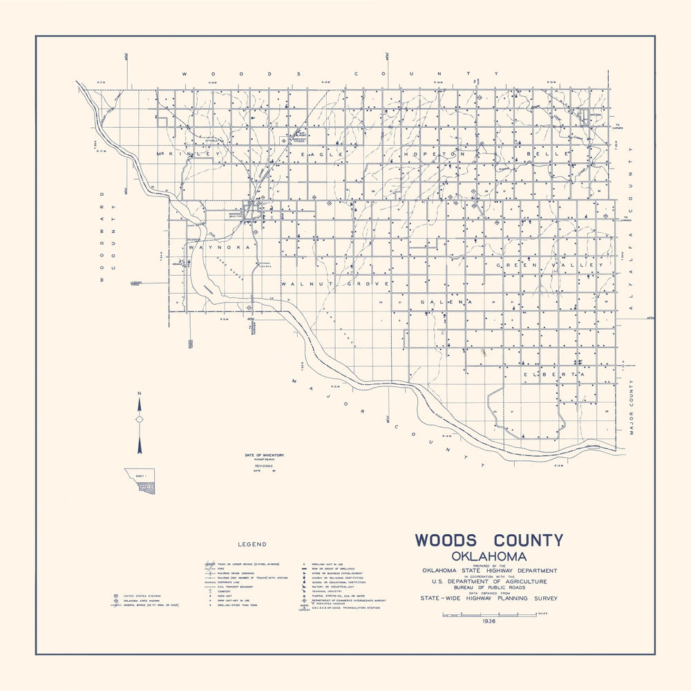 Vintage Map of Woods County, Oklahoma 1936 print style example