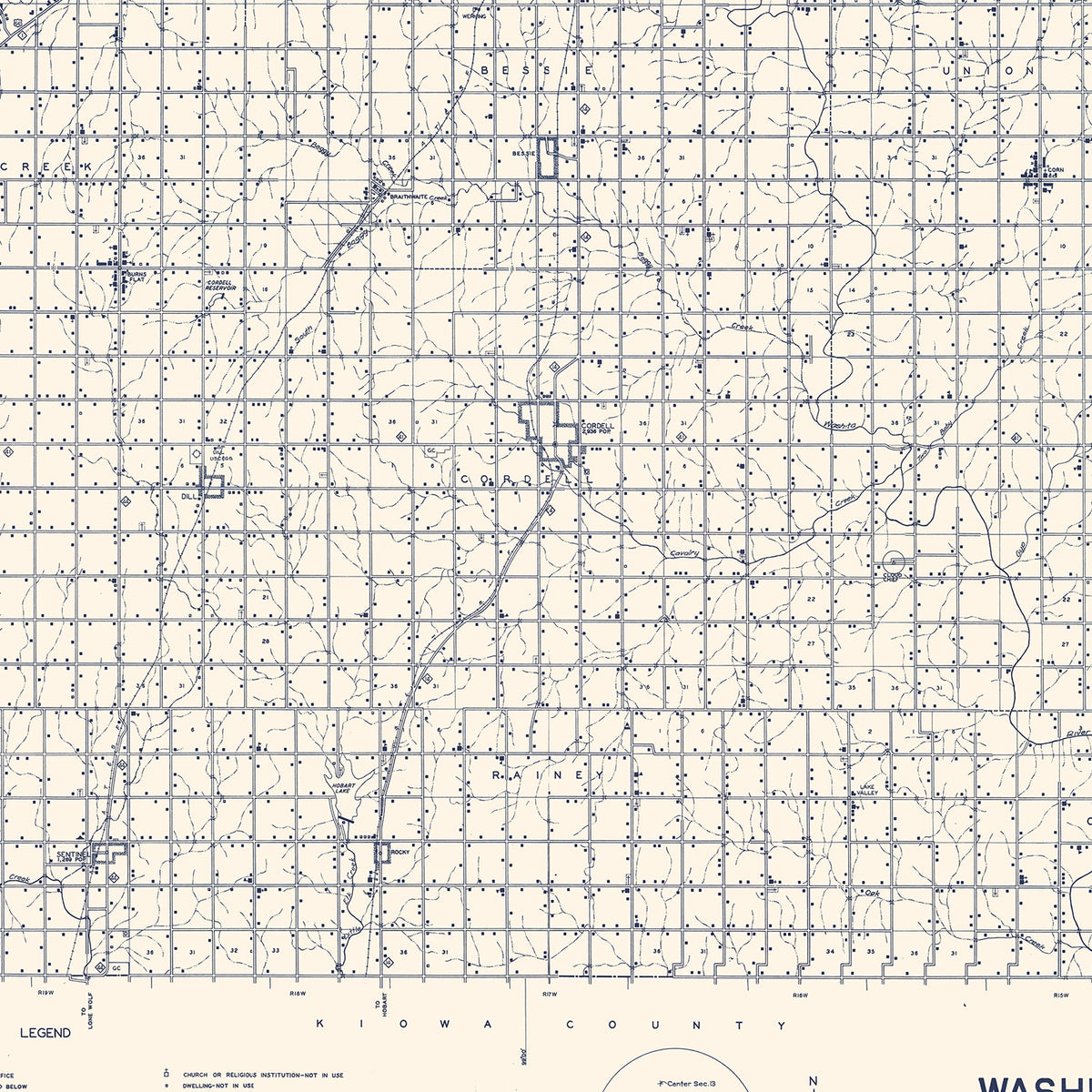 Restored historic details from the 1936 county map of Washita County, Oklahoma