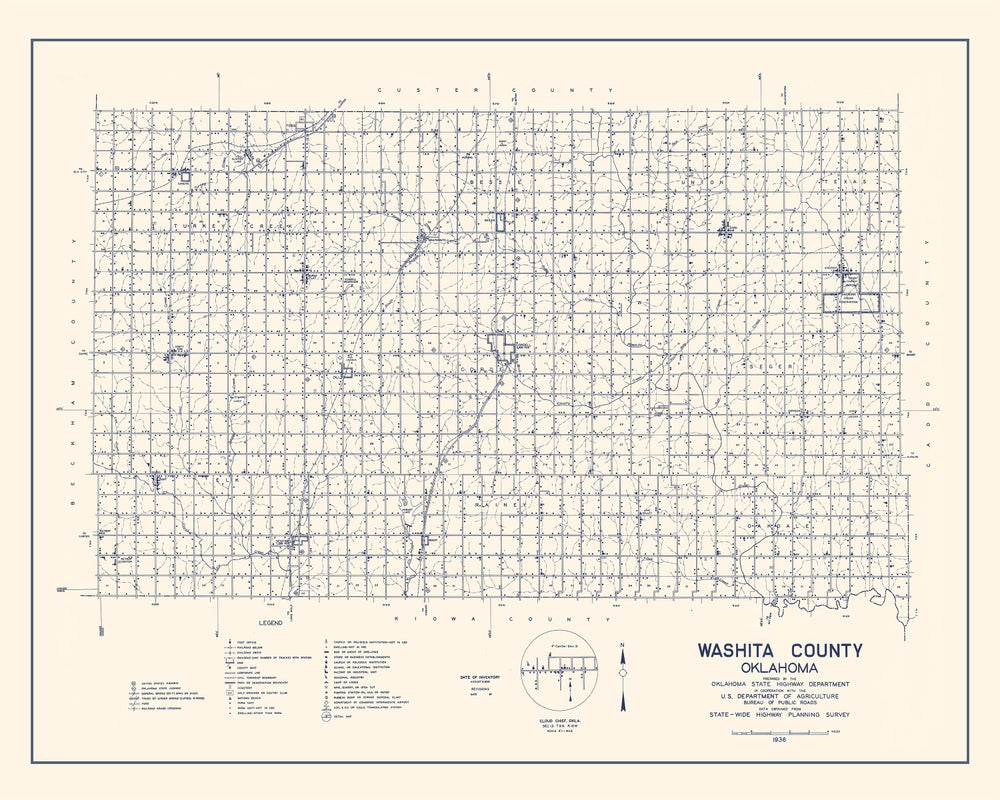 Vintage Map of Washita County, Oklahoma 1936 print style example