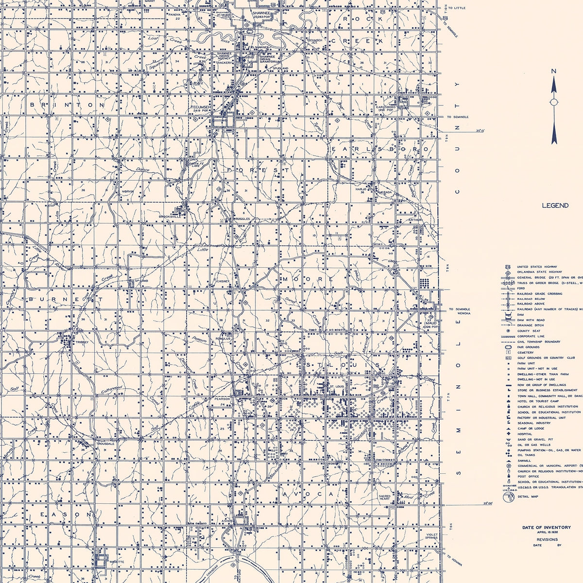 Restored historic details from the 1936 county map of Pottawatomie County, Oklahoma