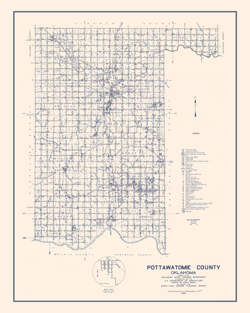 Vintage Map of Pottawatomie County, Oklahoma 1936 print style example