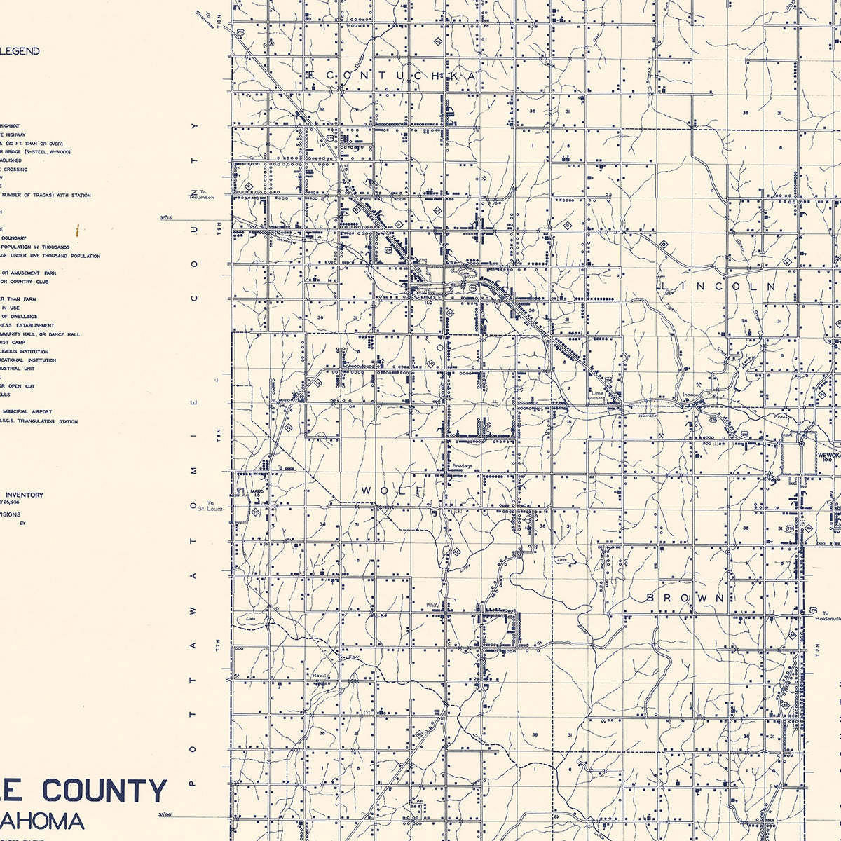 Restored historic details from the 1936 county map of Seminole County, Oklahoma