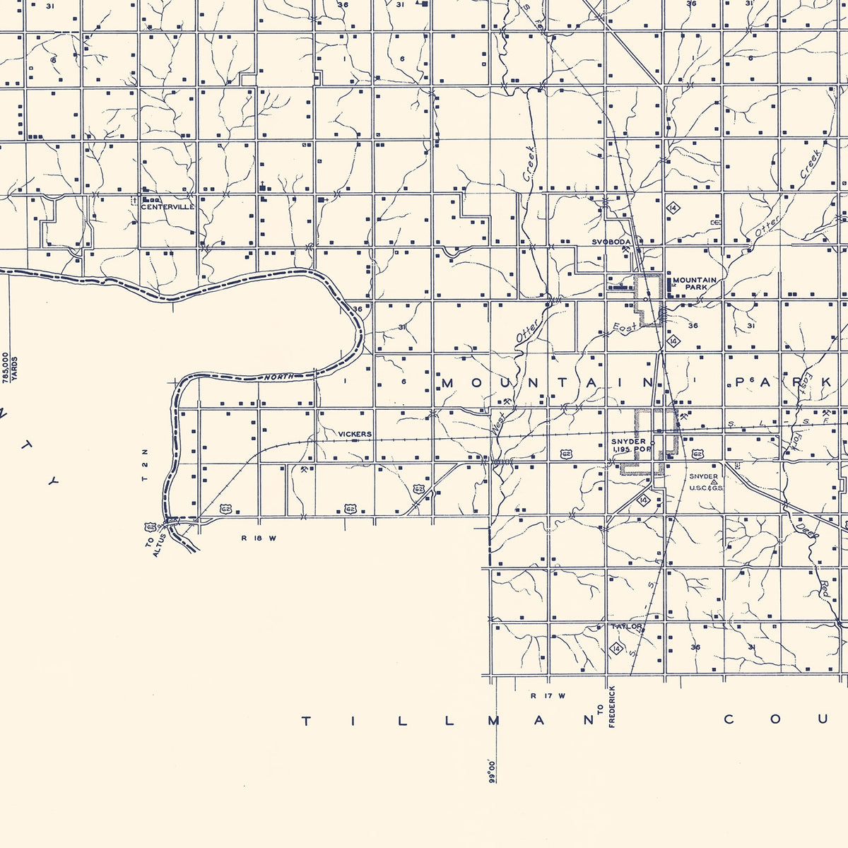 Restored historic details from the 1936 county map of Kiowa County, Oklahoma