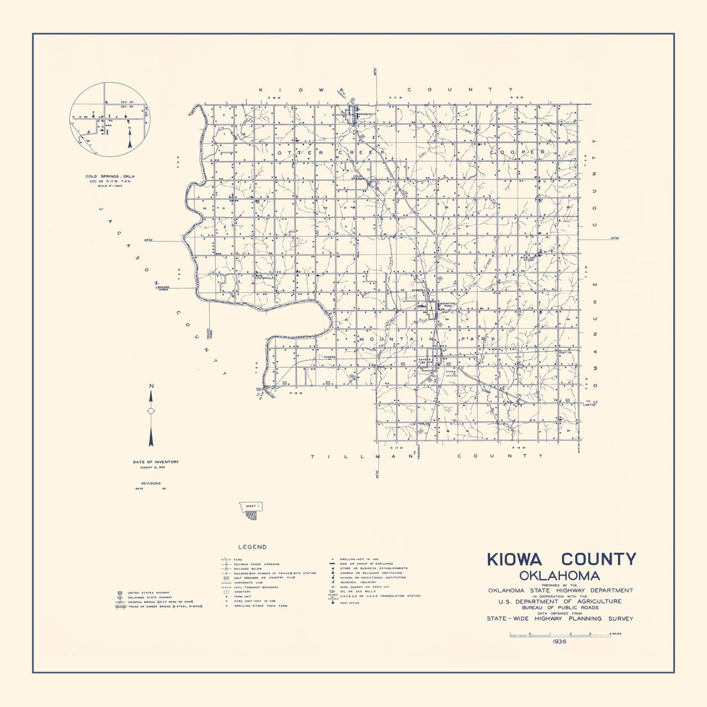 Vintage Map of Kiowa County, Oklahoma 1936 print style example