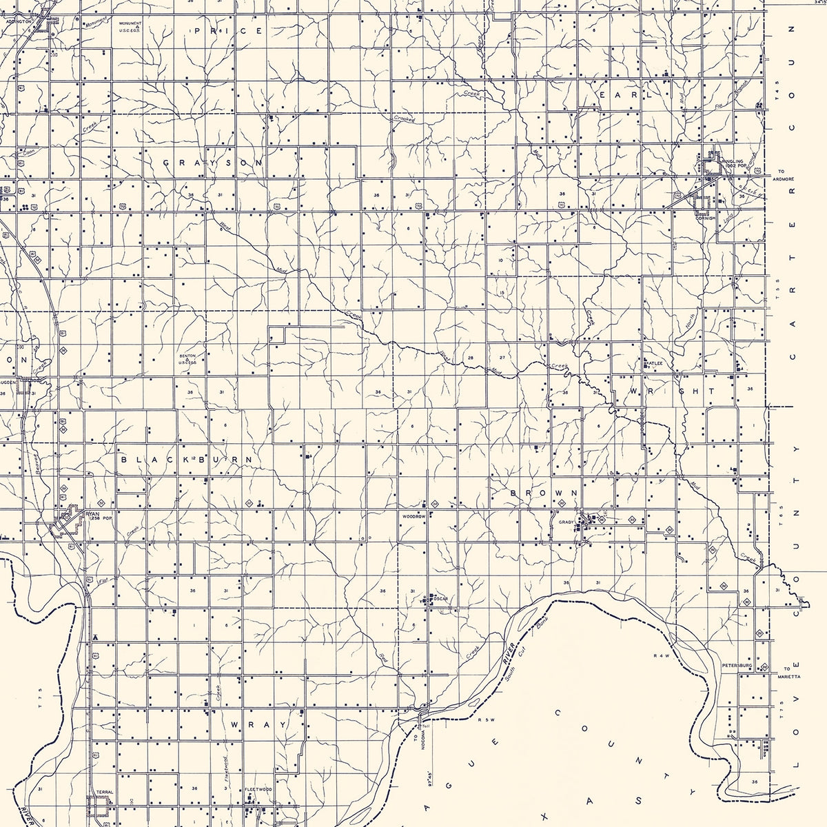 Restored historic details from the 1936 county map of Jefferson County, Oklahoma