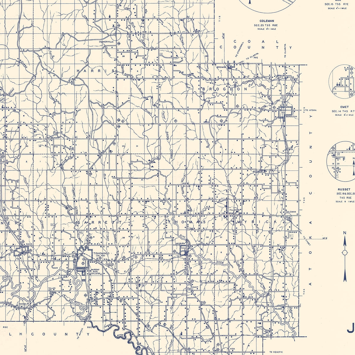 Restored historic details from the 1936 county map of Johnston County, Oklahoma