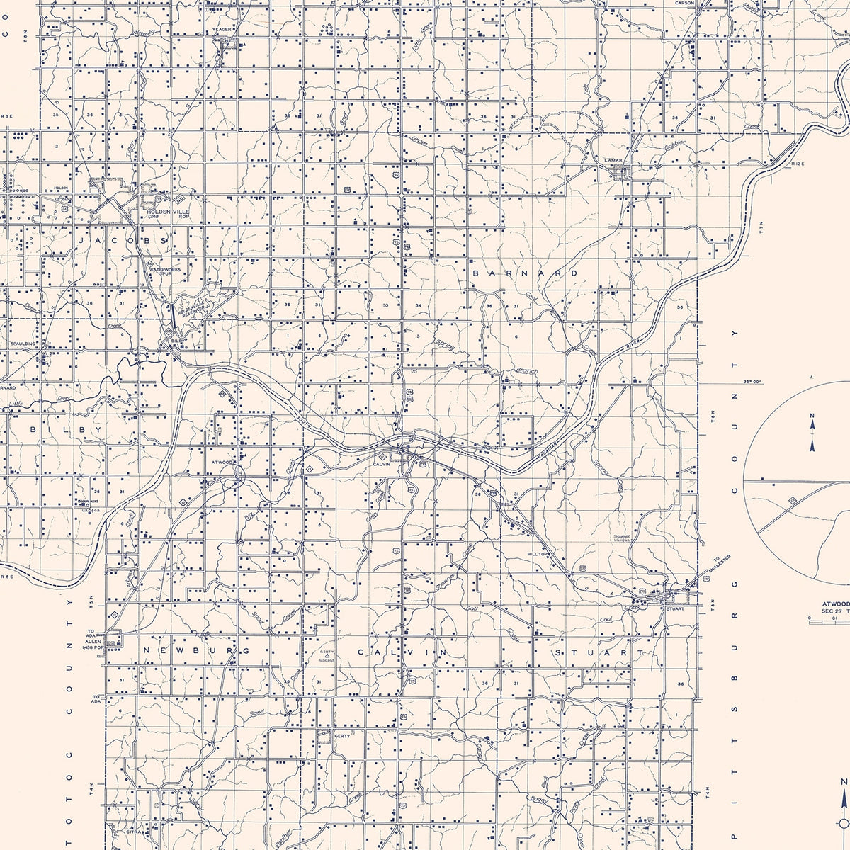 Restored historic details from the 1936 county map of Hughes County, Oklahoma
