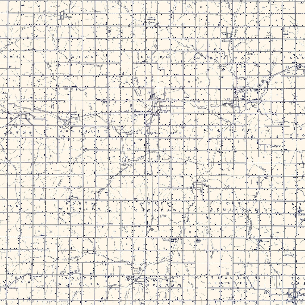 Restored historic details from the 1936 county map of Lincoln County, Oklahoma