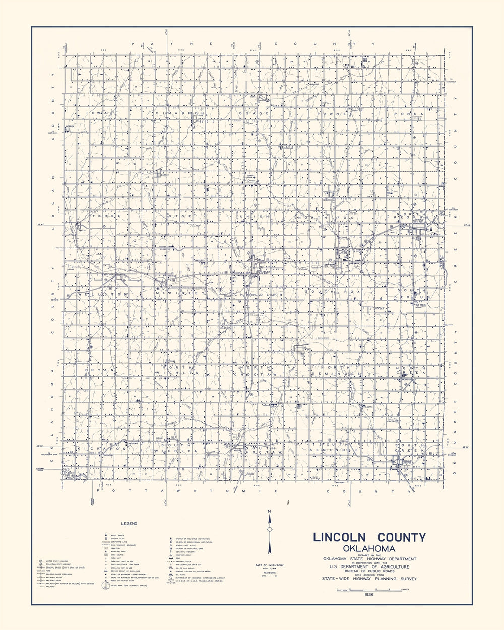 Vintage Map of Lincoln County, Oklahoma 1936 print style example