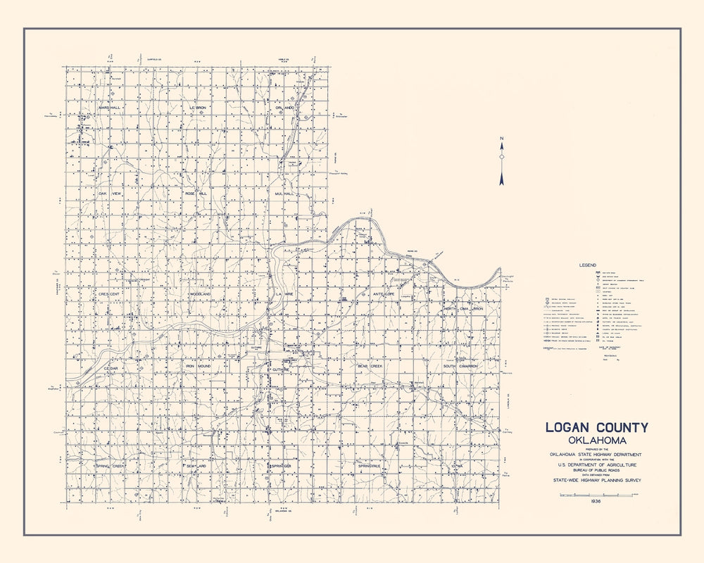 Vintage Map of Logan County, Oklahoma 1936 print style example