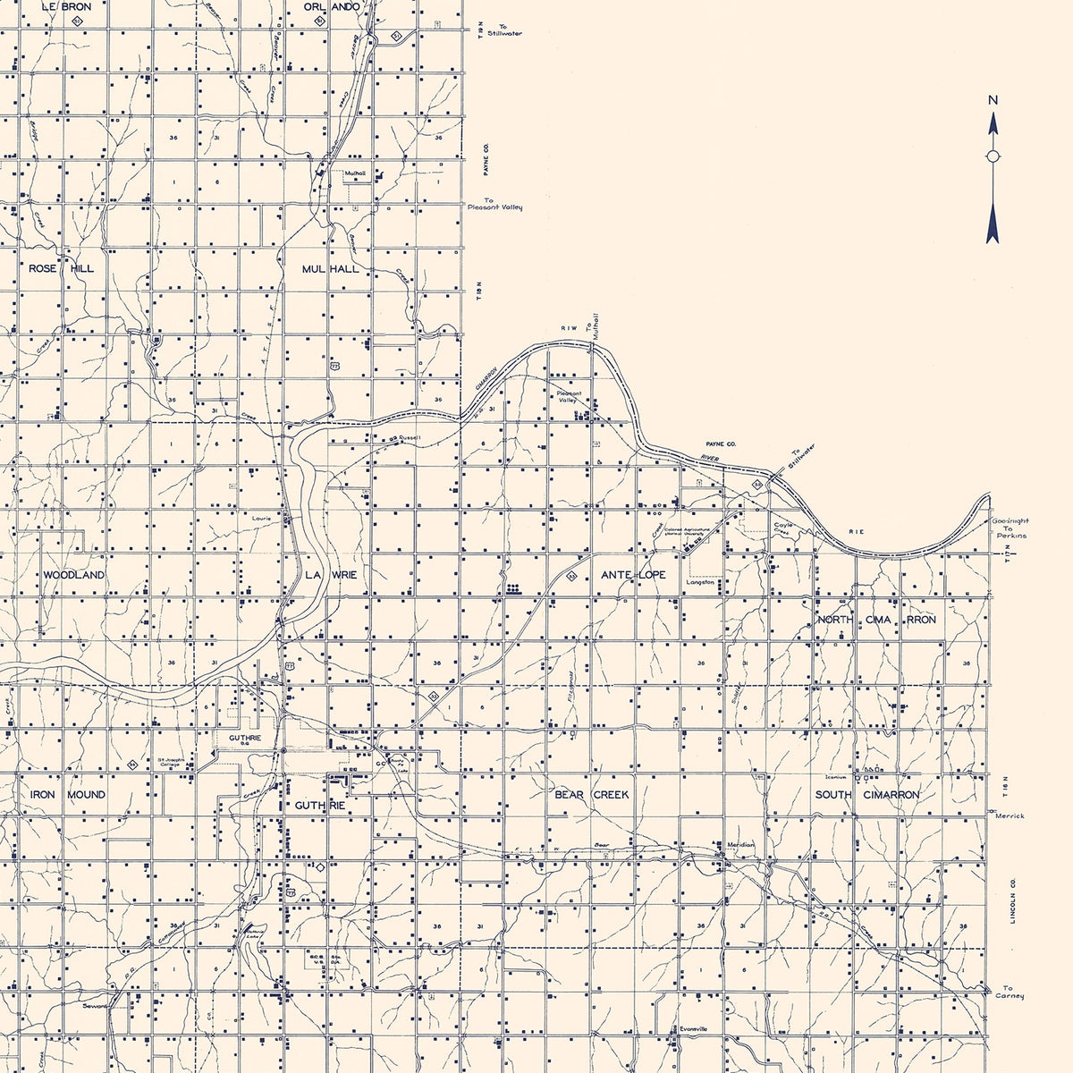 Restored historic details from the 1936 county map of Logan County, Oklahoma