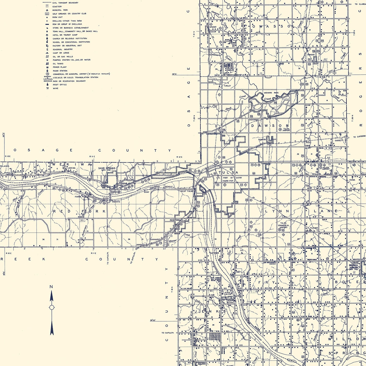 Restored historic details from the 1936 county map of Tulsa County, Oklahoma