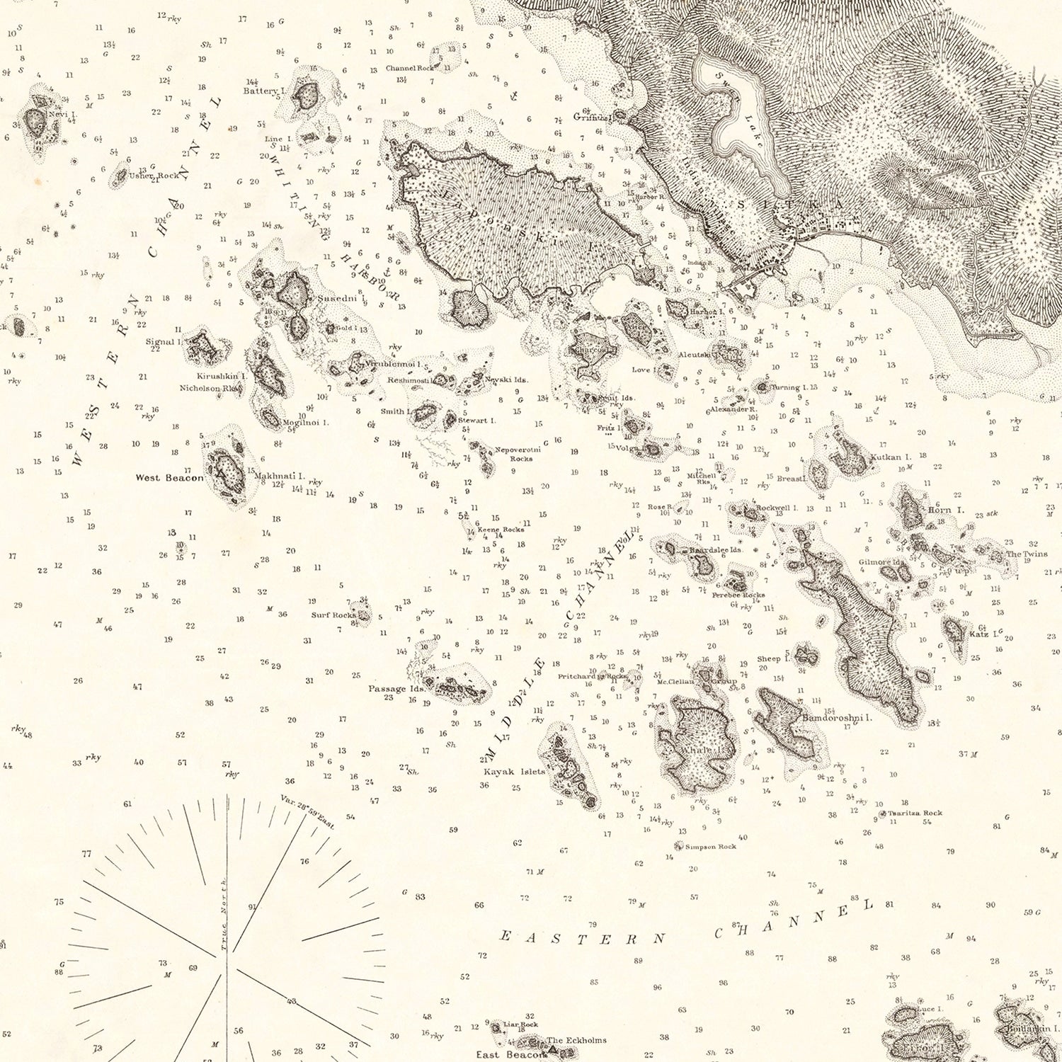 Restored historic details from the 1881 body of water map of County, Alaska