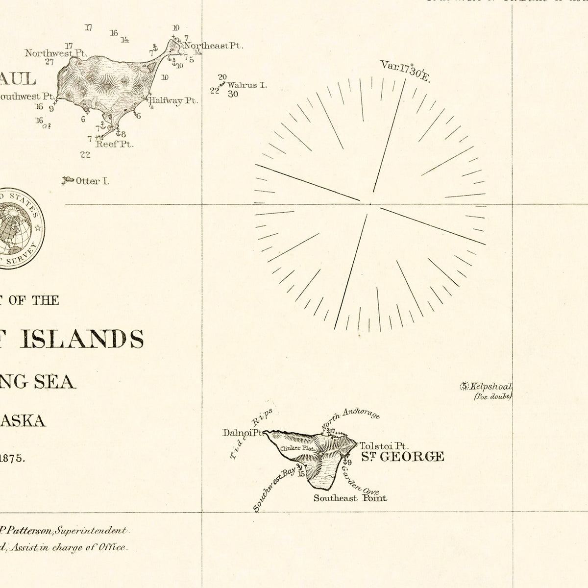 Restored historic details from the 1875 island map of County, Alaska