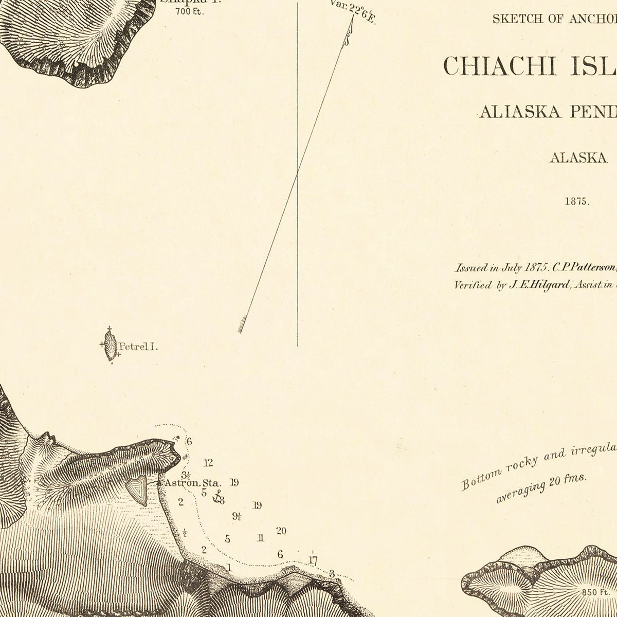 Restored historic details from the 1875 island map of County, Alaska