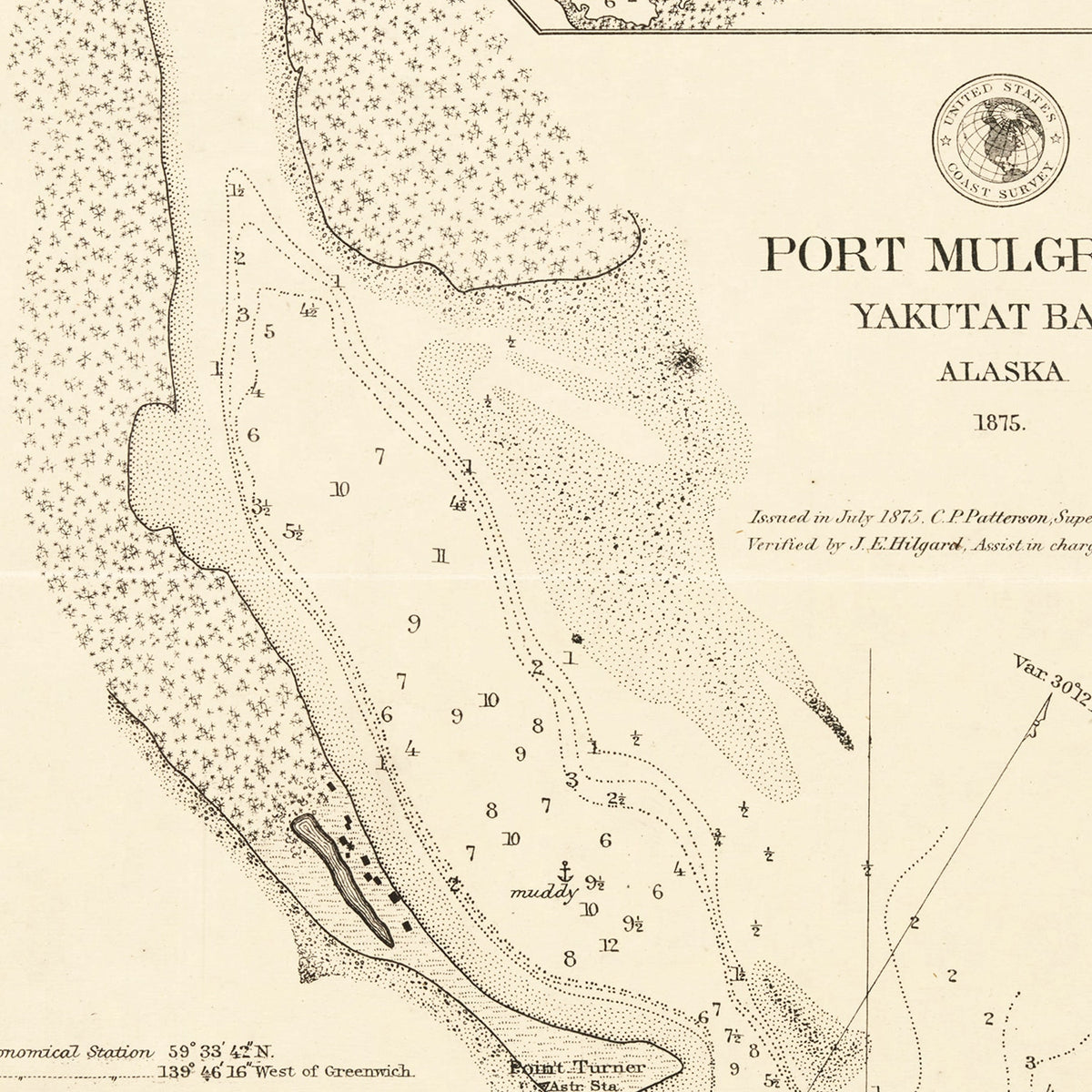 Restored historic details from the 1875 body of water map of County, Alaska