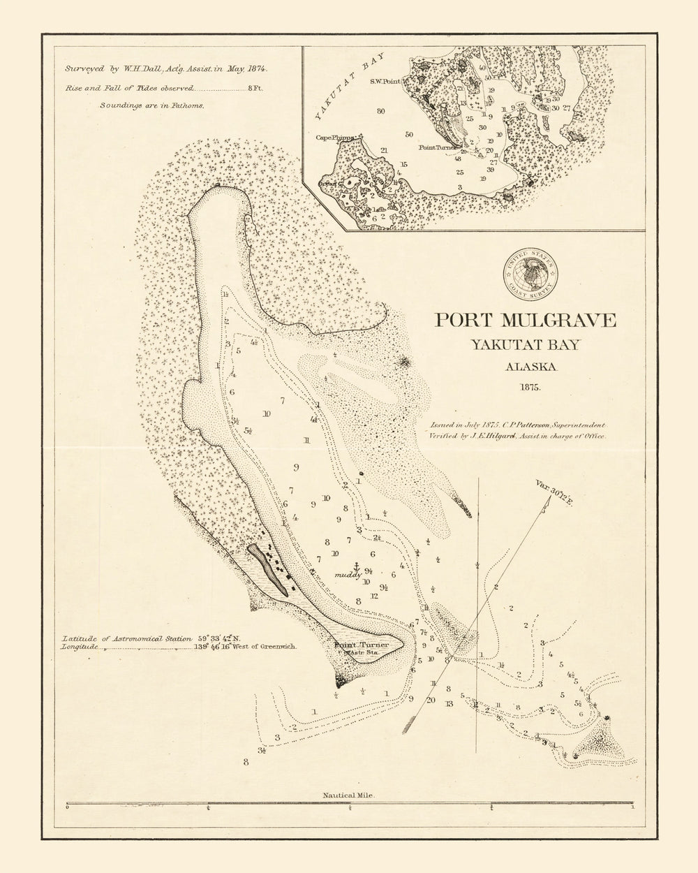 Vintage Port Mulgrave, Yakutat Bay, AK Map 1875 print style example