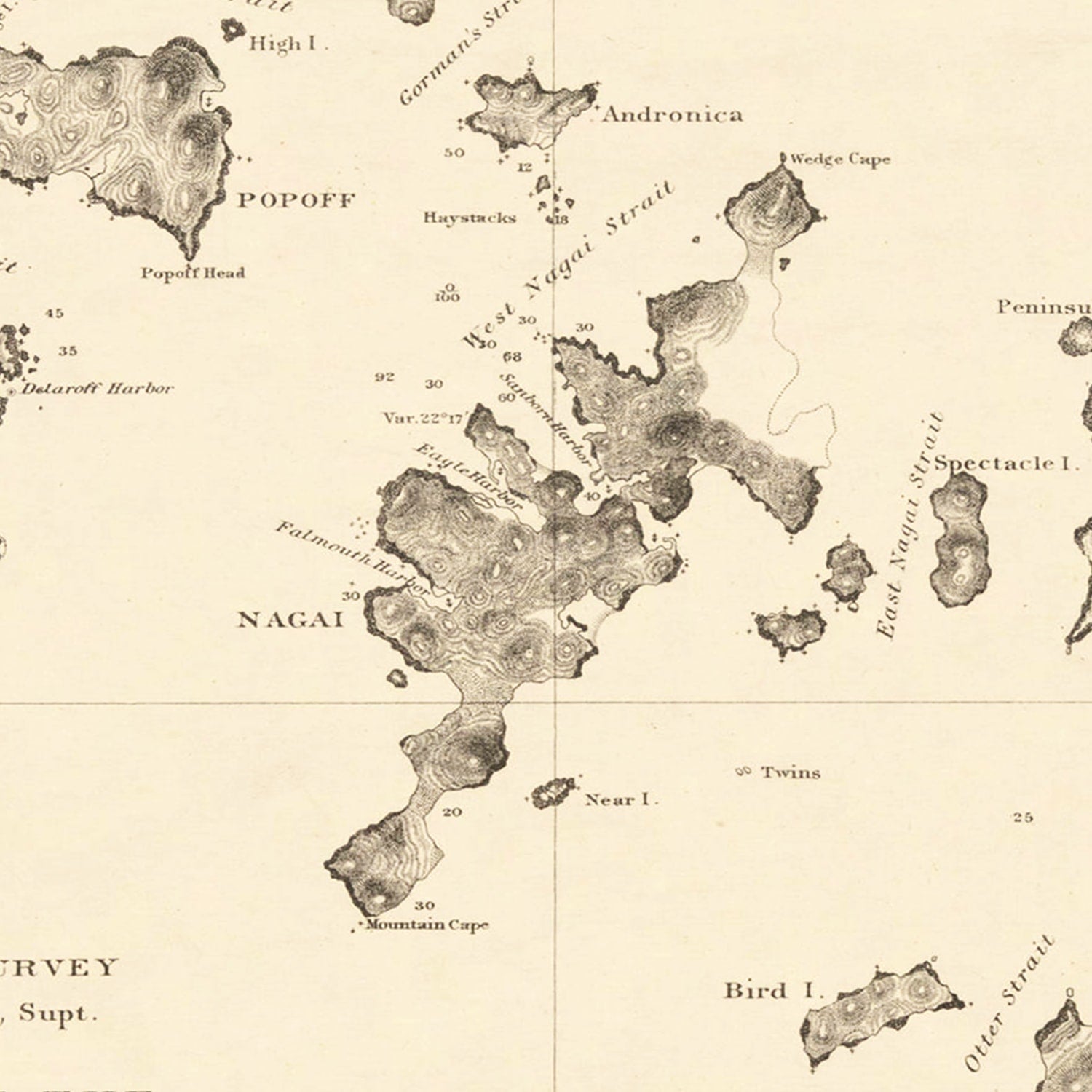 Restored historic details from the 1872 island map of County, Alaska