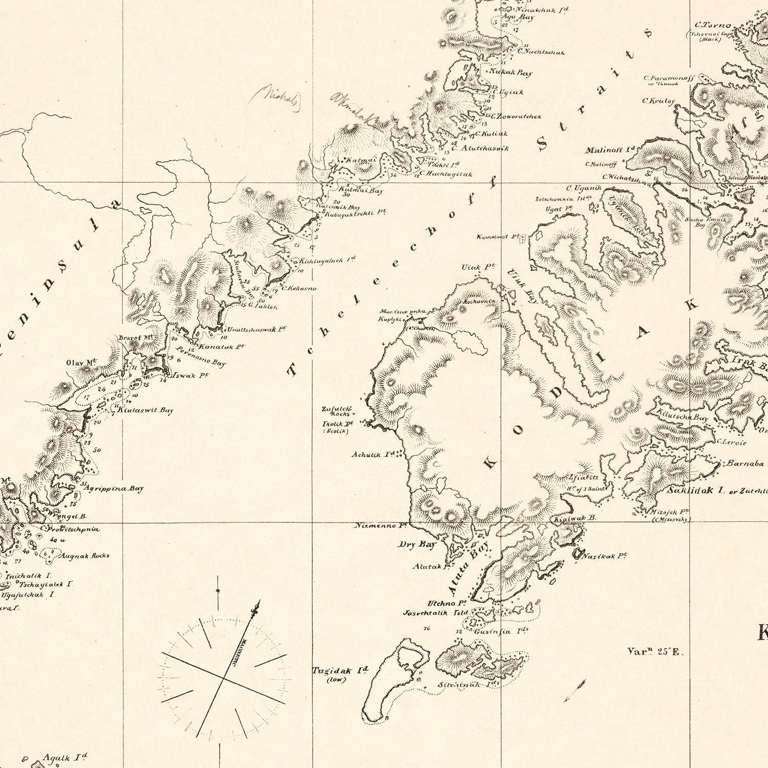 Restored historic details from the 1869 island map of County, Alaska