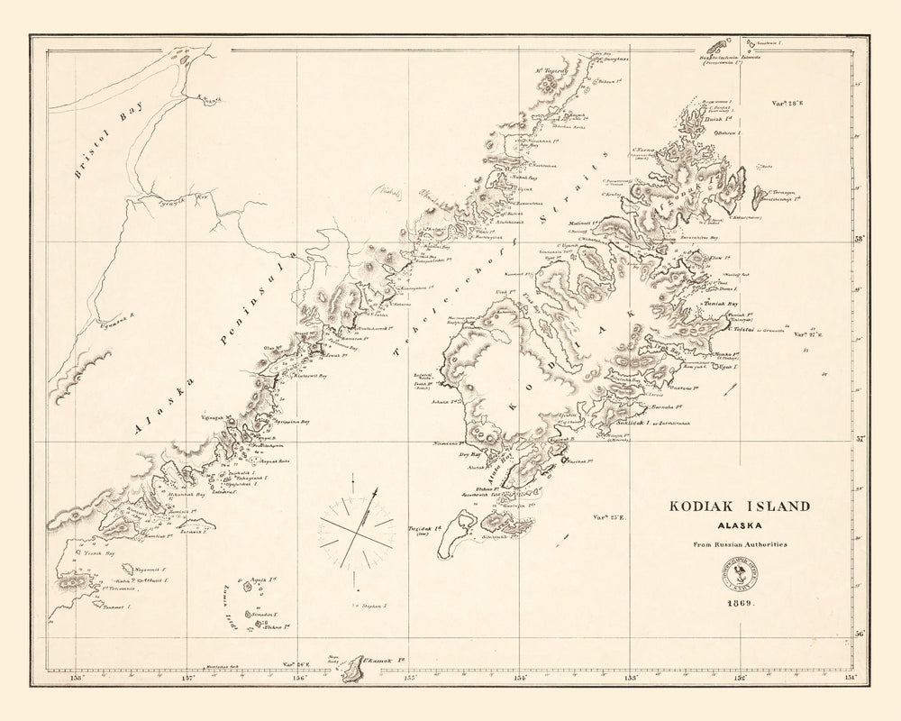 Vintage Kodiak Island, AK Map 1869 print style example