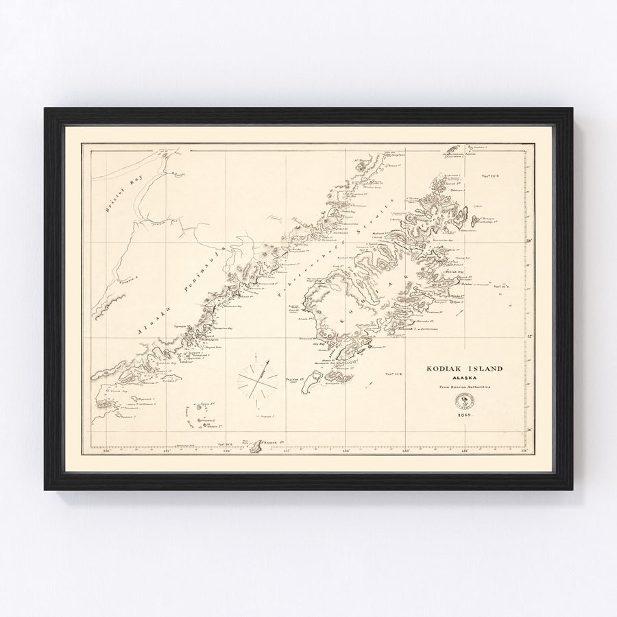 Vintage Kodiak Island, AK Map 1869