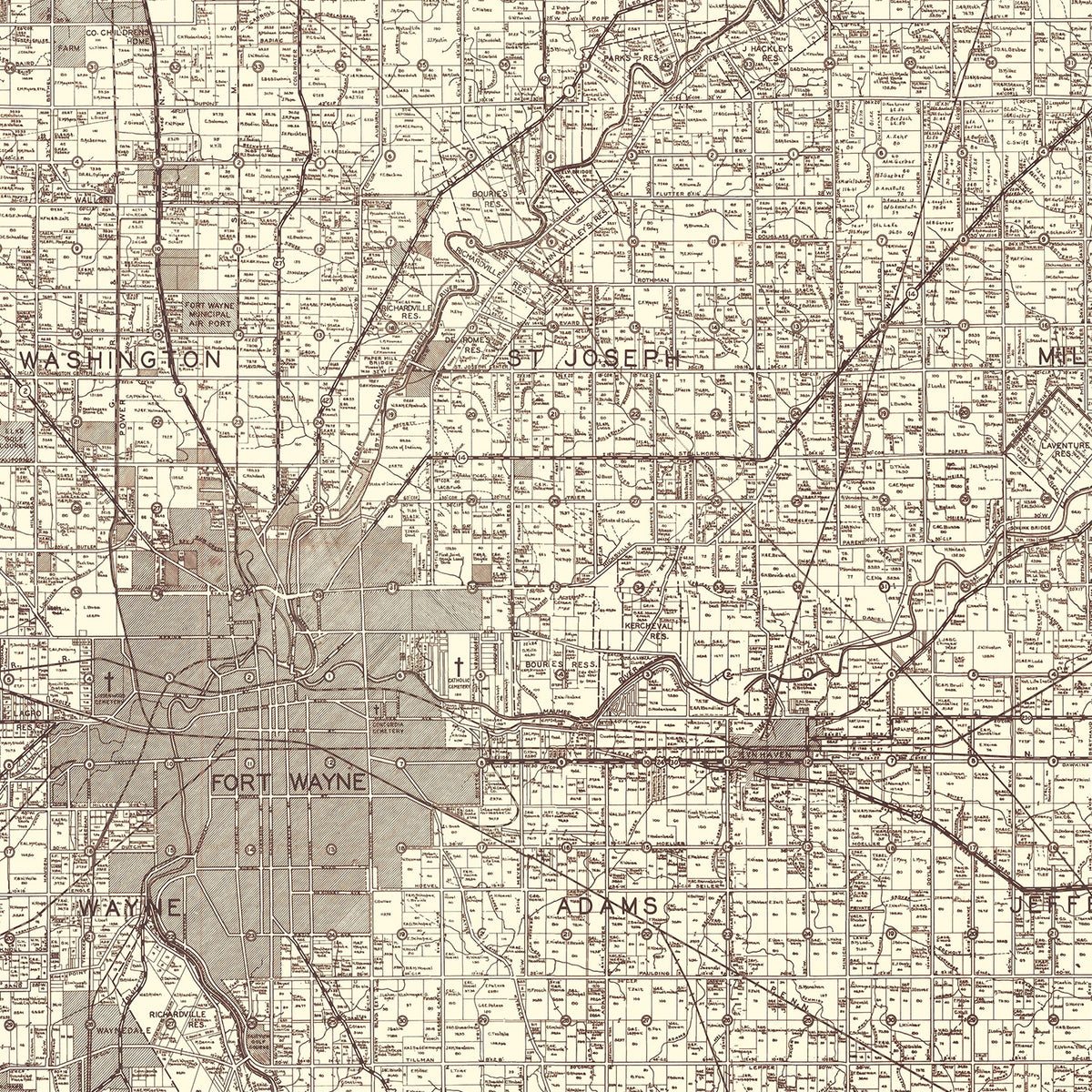 Restored historic details from the 1935 county map of Allen County, Indiana