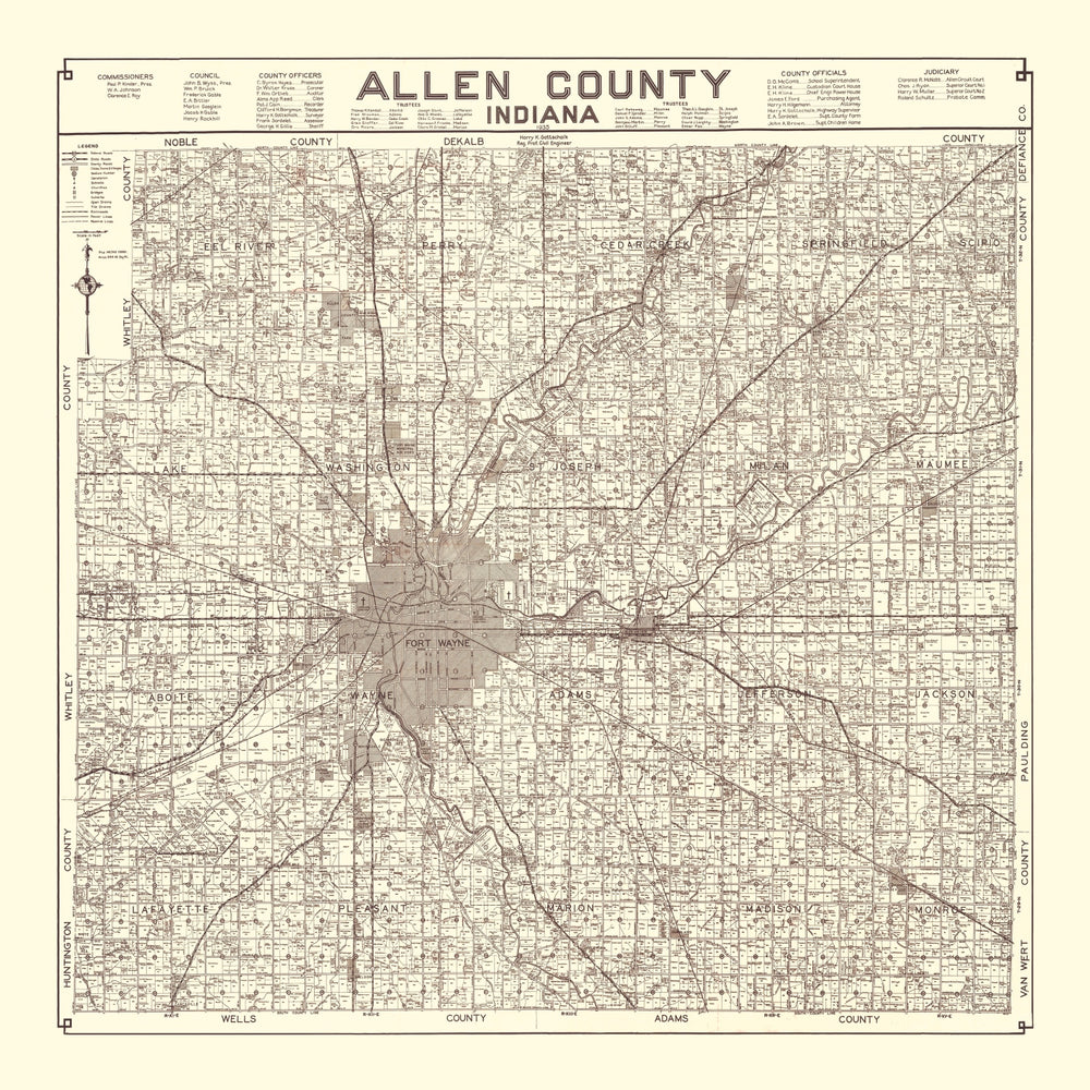 Vintage Map of Allen County, Indiana 1935 print style example