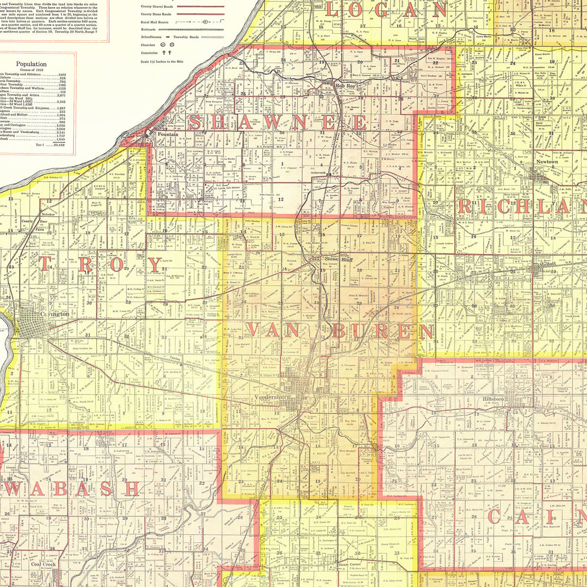 Restored historic details from the 1914 county map of Attica County, Indiana