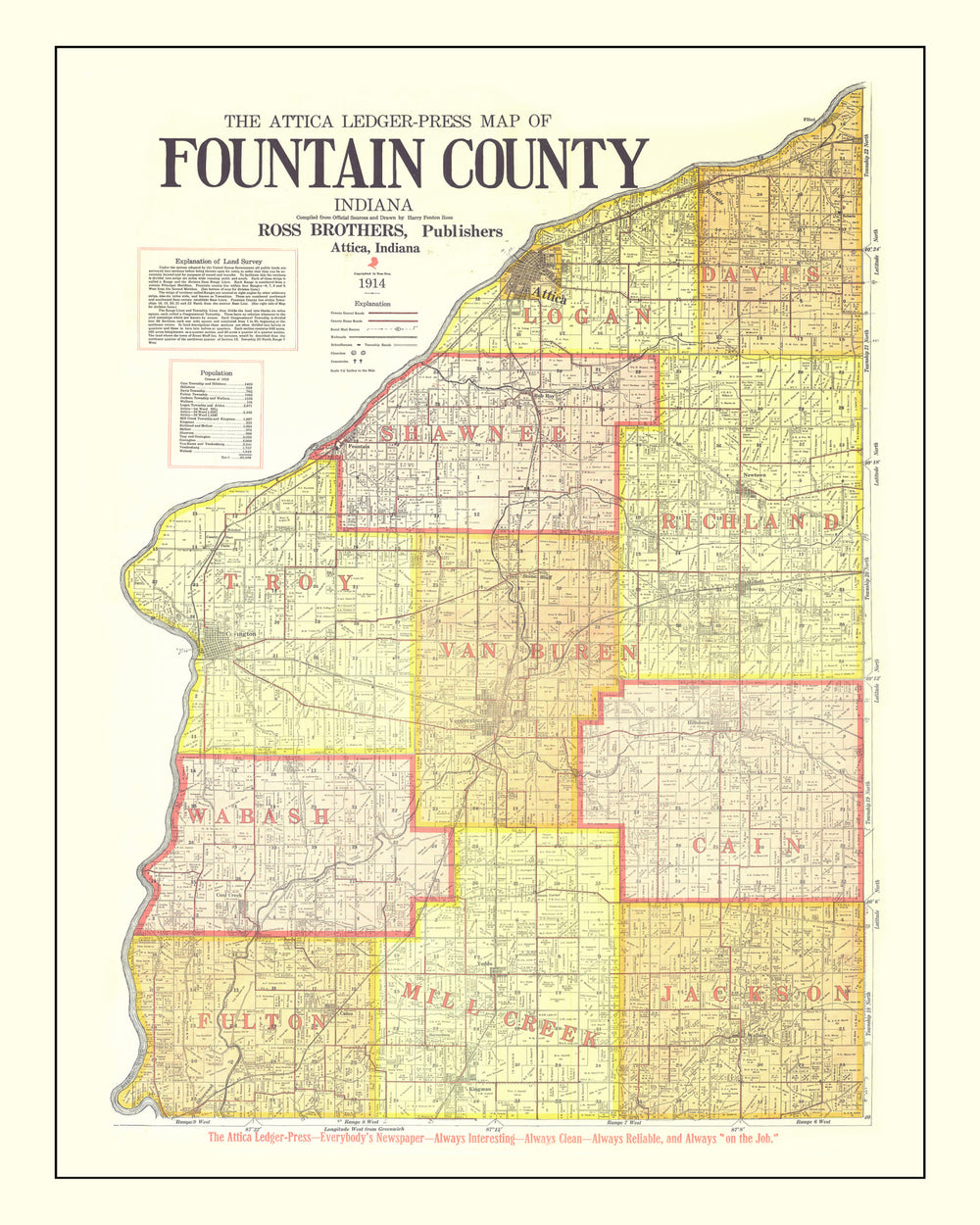 Vintage Map of Attica County, Indiana 1914 print style example