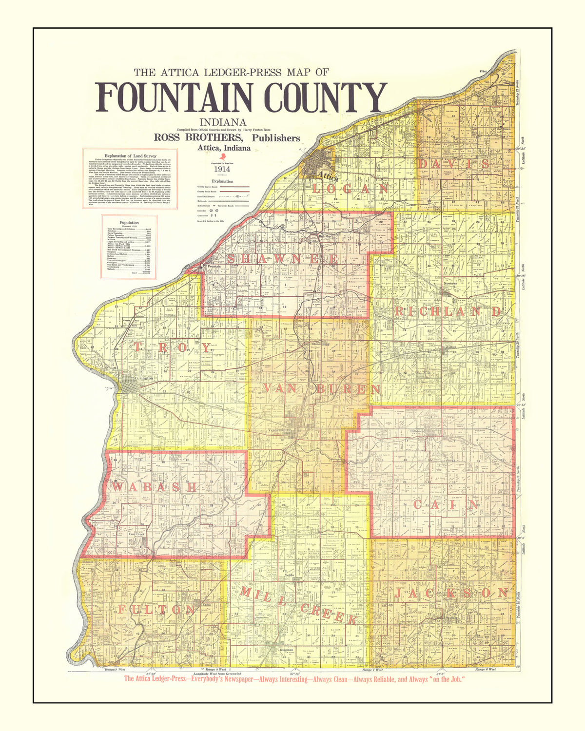 Preview of Vintage Map of Attica County, Indiana 1914