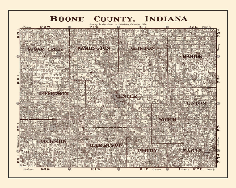 Vintage Map of Boone County, Indiana 1936 print style example