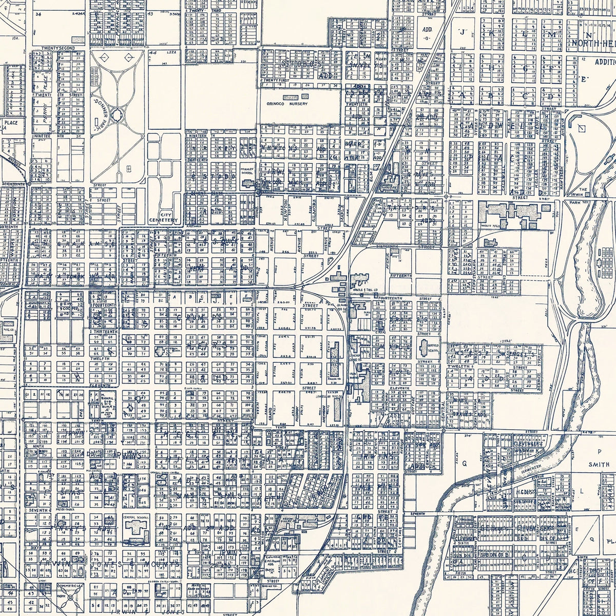 Restored historic details from the 1930 city map of Columbus, Indiana