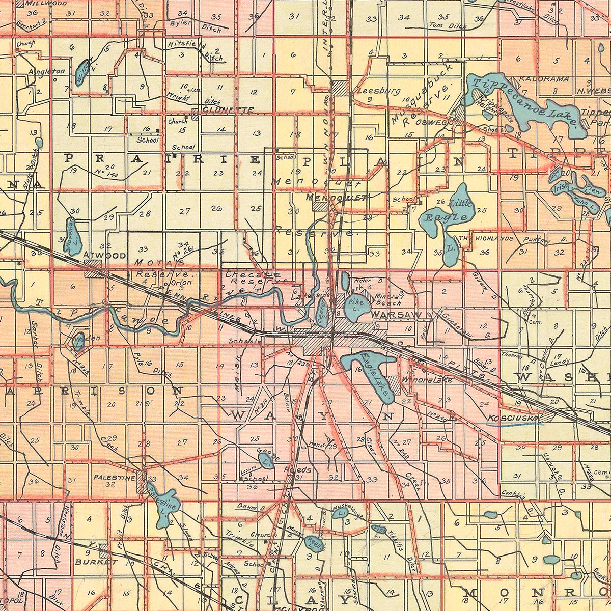 Restored historic details from the 1908 county map of Kosciusko County, Indiana
