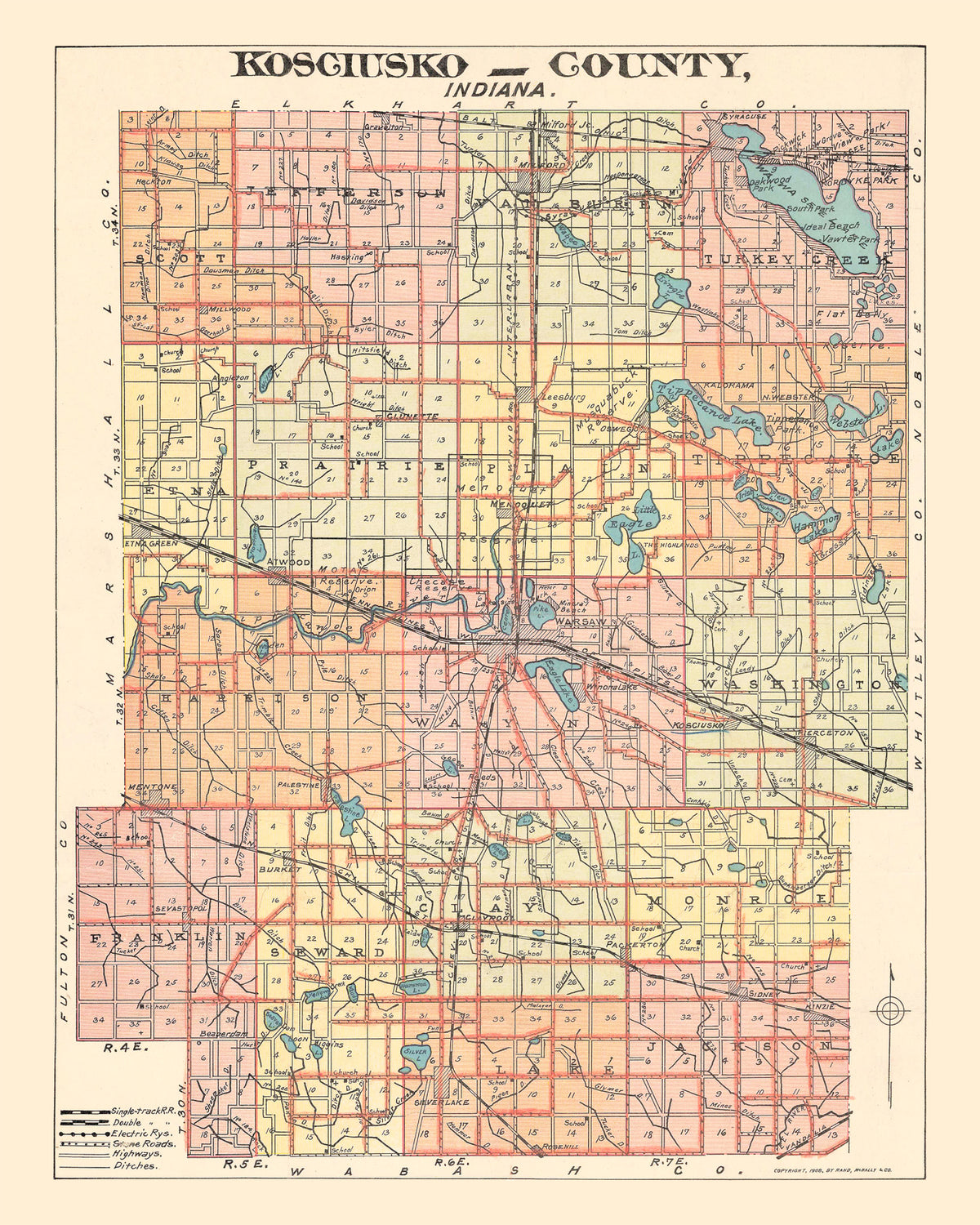 Preview of Vintage Map of Kosciusko County, Indiana 1908