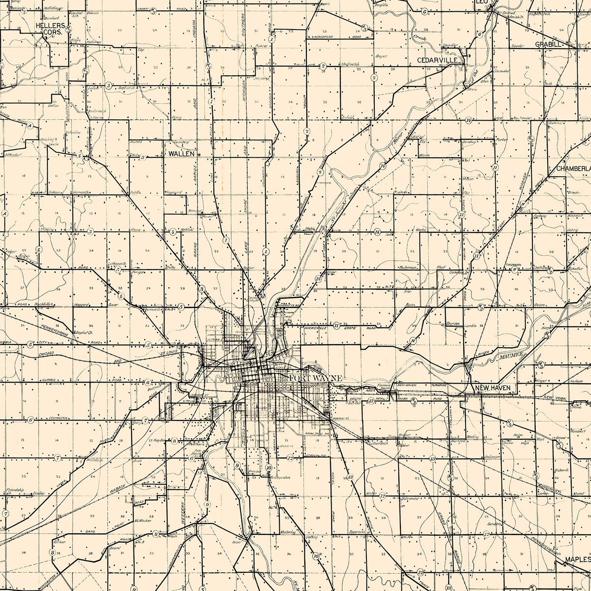 Restored historic details from the 1910 county map of Allen County, Indiana