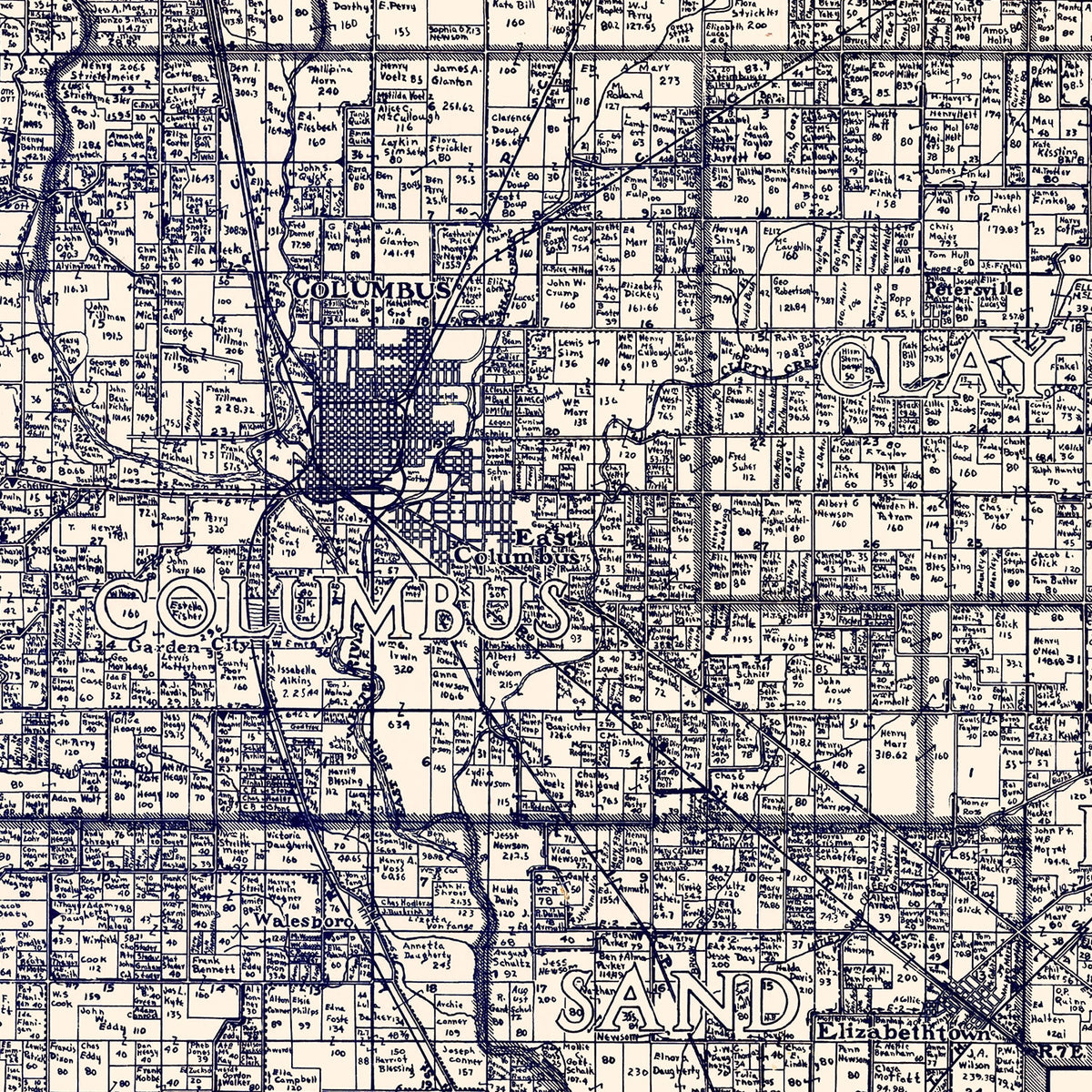 Restored historic details from the 1925 county map of Bartholomew County, Indiana