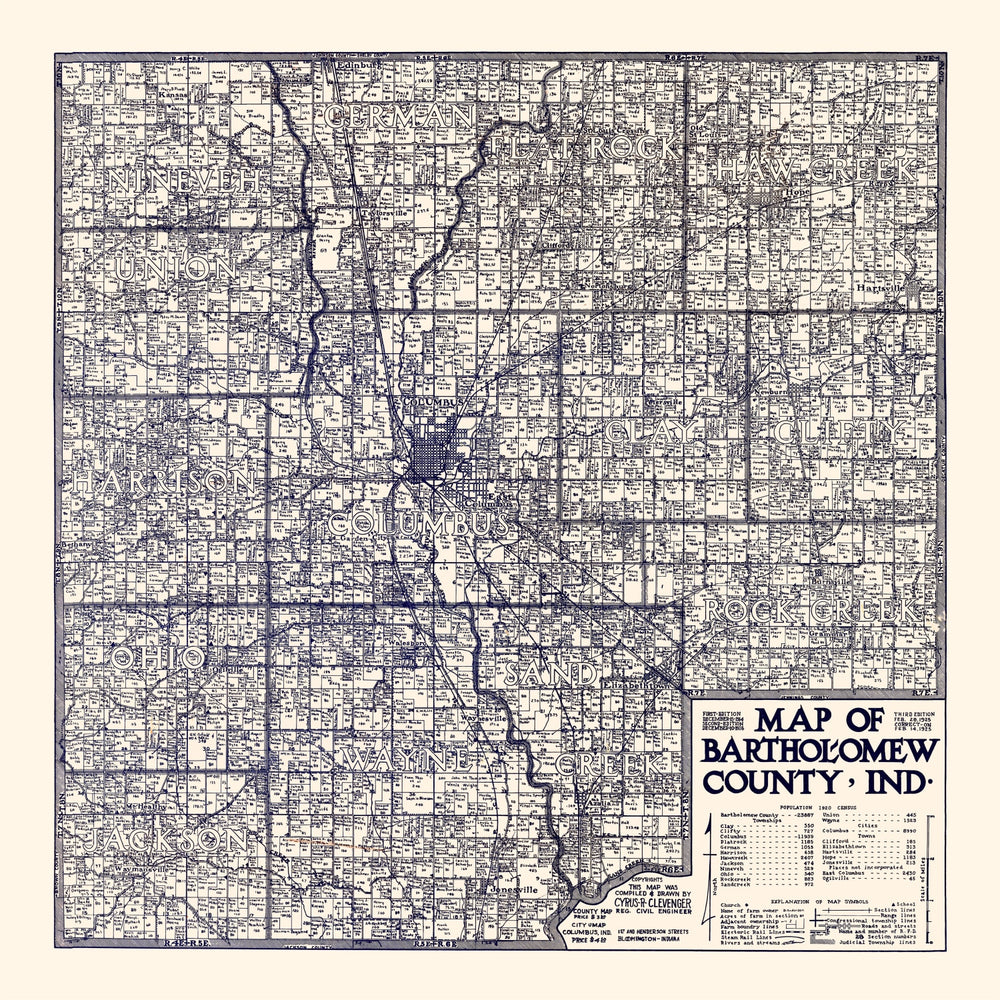 Vintage Map of Bartholomew County, Indiana 1925 print style example