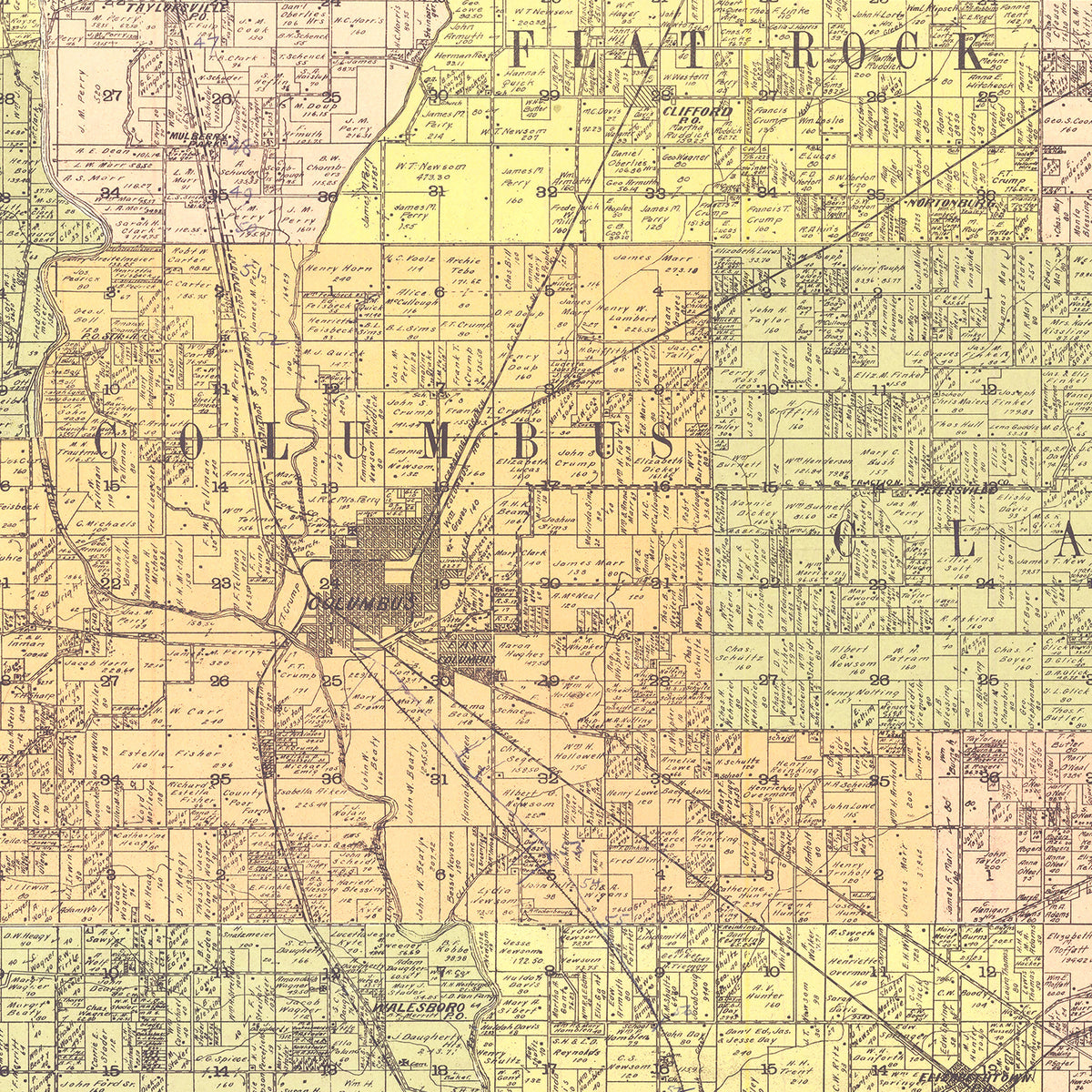Restored historic details from the 1910 county map of Bartholomew County, Indiana