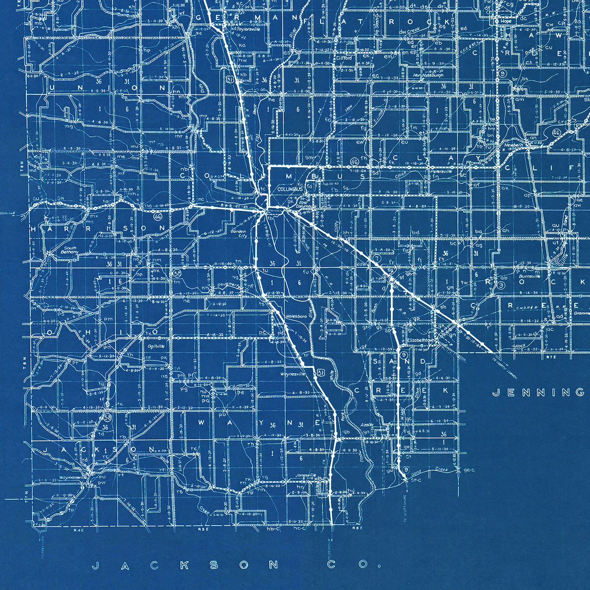 Restored historic details from the 1936 county map of Bartholomew County, Indiana