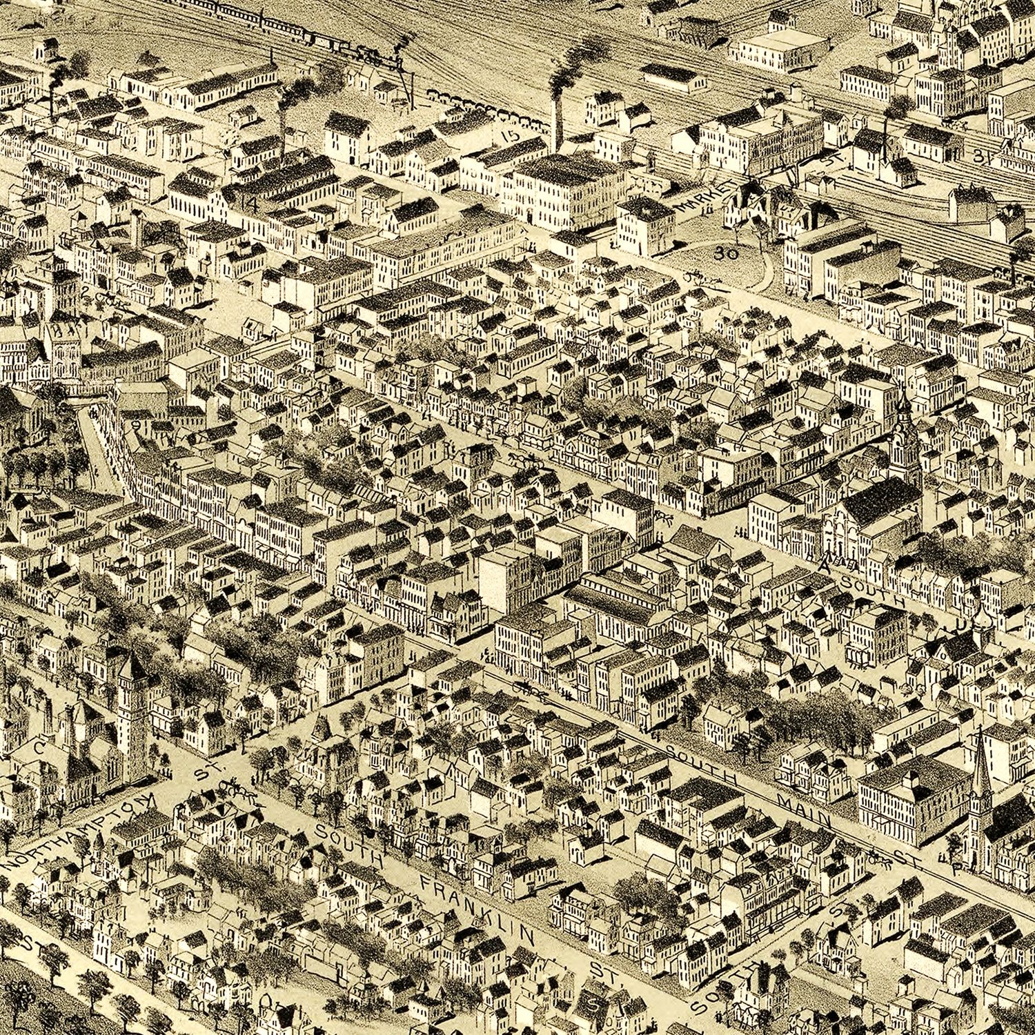 Restored historic details from the 1889 city map of Wilkes-Barre, Pennsylvania