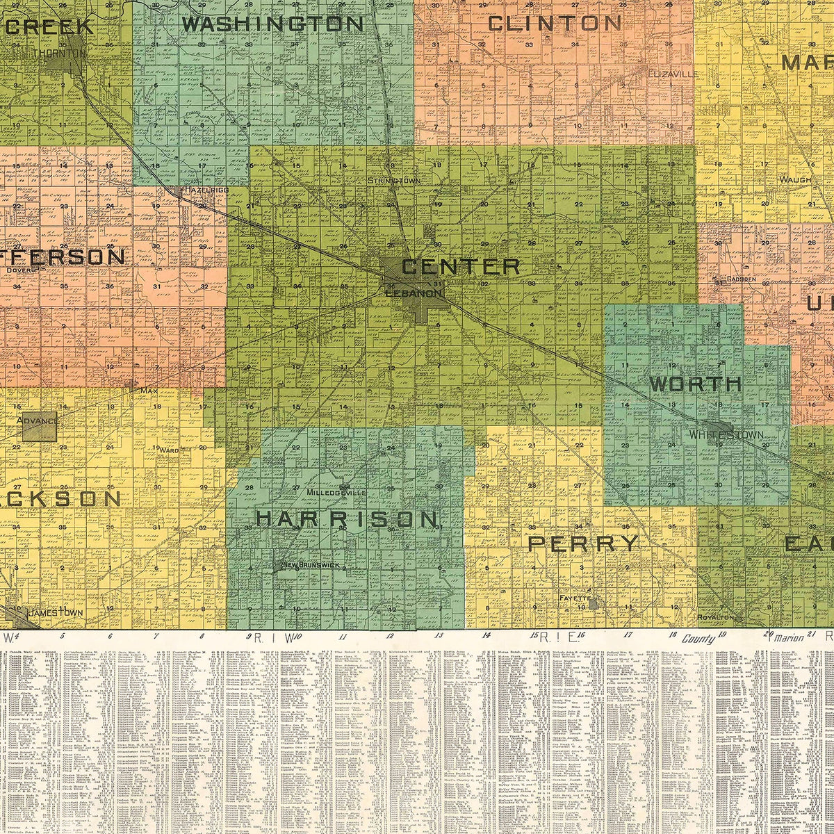 Restored historic details from the 1910 county map of Boone County, Indiana