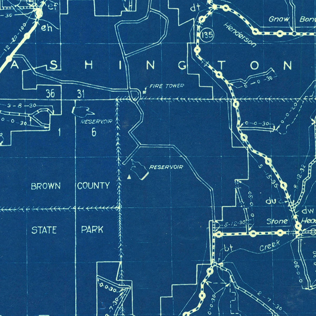 Restored historic details from the 1936 county map of Brown County, Indiana