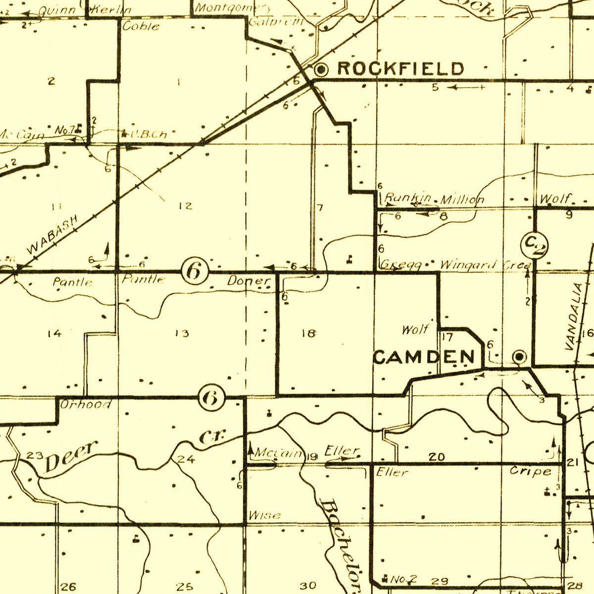 Restored historic details from the 1910 county map of Carroll County, Indiana