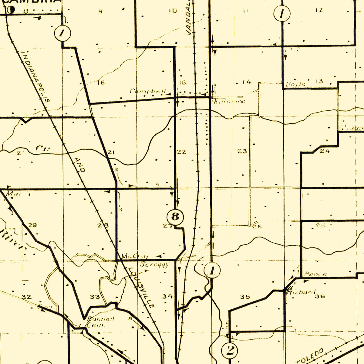 Restored historic details from the 1911 county map of Clinton County, Indiana
