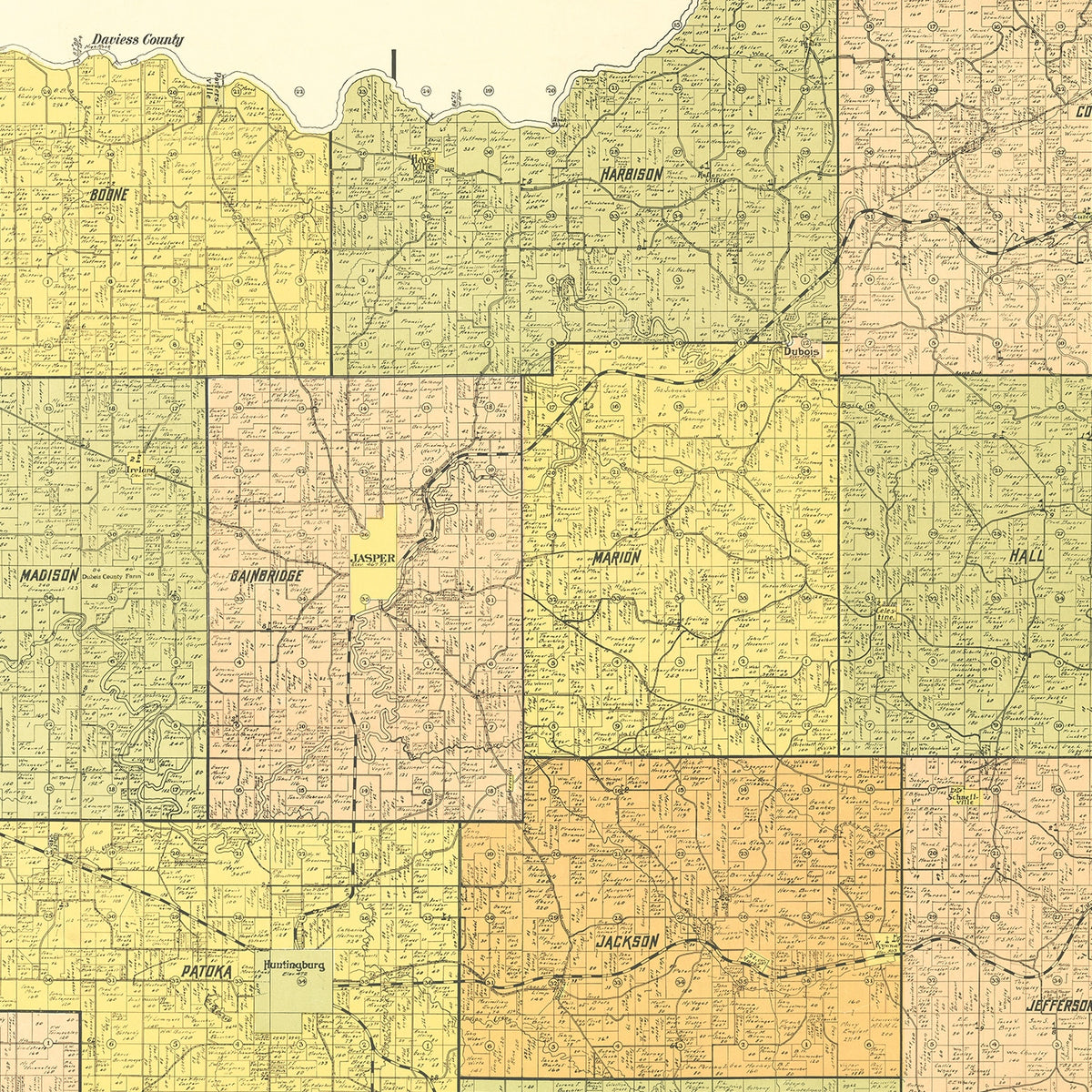 Restored historic details from the 1914 county map of Dubois County, Indiana